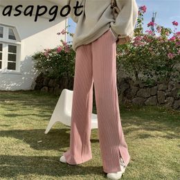 Loose Elastic High Waist Plus Size Pink Corduroy Wide Leg Pant Women Sweet Fashion Casual Black Split Knitted Straight Pants 210429