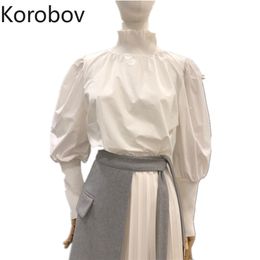 Korobov Korean Elegant Stand Collar Women Shirts Vintage Puff Sleeve Fashion Blouses Female Solid Mujer Blusas 79506 210430