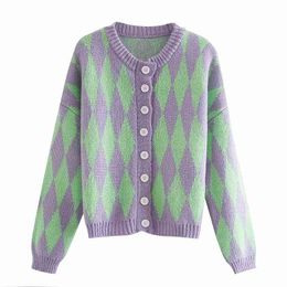sweet green plaid women cardigan spring fashion o neck ladies sweaters casual button-fly female knitwears girls chic 210430