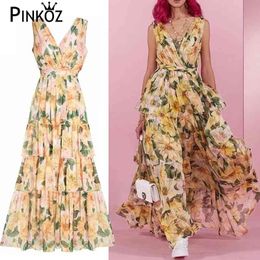 runway designer maxi dress for women flower printed v-neck sexy casual backless yellow sleeveless dresses vestidos Paris 210421