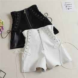 Autumn Women PU Shorts Tie High Waist Female Casual Black Ladies All Match Wide leg Short Pants AB1170 210719