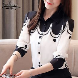 Fashion Office Lady Chiffon Blouses Women Casual Printed Tops Long Sleeve Turn-down Collar Clothing 5499 50 210521