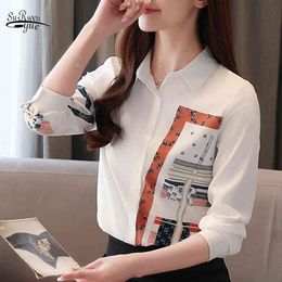 Korean Fashion Clothing Spring Long Sleeve Office Lady Blouse Blusas Mujer De Moda Print Button Chiffon Shirts 8805 50 210521