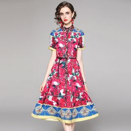 LLZACOOSH Fashion Brand Designer Flower Print Runway Women Summer Turn-down Collar Long Midi Shirt Dresses 210514