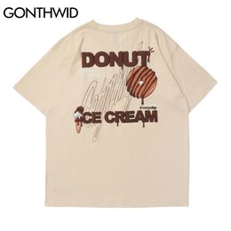 GONTHWID Tees Shirts Hip Hop Men Streetwear Donuts Ice cream Print Short Sleeve Cotton T-Shirts Casual Harajuku Oversize Tops C0315