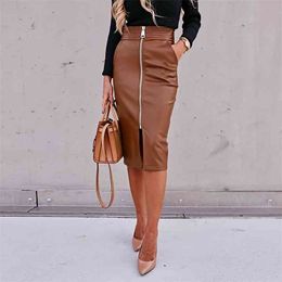 Brown Black PU Leather Skirt Women Midi High Waist Bodycon Split Office Pencil Front Zipper Faux 210629