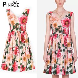 summer beach holiday A-line high waist designer style boho mini dress sleeveless v-neck red rose flower floral vestidos 210421