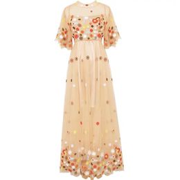 Women Apricot O Neck Floral Mesh Embroidery Midi Dress Flare Short Sleeve Empire Vintage Summer D2657 210514