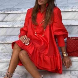 Women Autumn Spring Vintage Mini Cupcake Dress V Neck Long Lantern Sleeve Back With Ruffles Korean Style Elegant Red Dress 210826