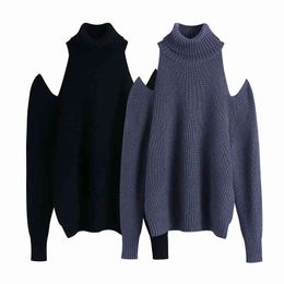 Elegant Women Solid Turtleneck Sweater Fashion Ladies Off-The-Shoulder Knitted Tops Streetwear Female Chic Pullovers 210427