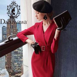 Dabuwawa Elegant Burgundy Sashes Sheath Dress Office Lady Long Sleeve V-Neck Slim Fit Party Workwear Dress Female DT1CDR013 210520