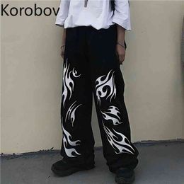 Korobov Harajuku Dark Style Women Trousers Vintage Print Ulzzang Streetwear Wide Leg Pants Korean Elastics High Waist Joggers 210430