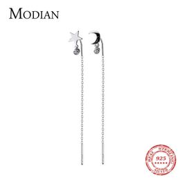 Fashion Sterling Silver 925 Star And Moon Long Chain Drop Earrings for Women Luxury Fine Jewellery Design 210707