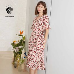 FANSILANEN Floral print chiffon long wrap dress Women v neck ruffle elegant summer Boho red sexy bandage beach es 210607