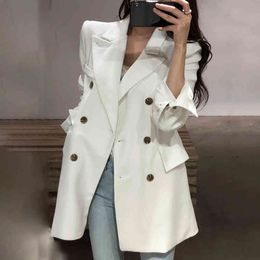Notched Collar Long Sleeve Casual Ladies Blazer Korean Trend Double Breasted Loose White Coats Autumn QK785 210510