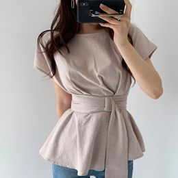 Linen Pleated Sashes Design Women's Blouse Short Sleeve Solid Breathable Ruffles Female Blouses Summer Elegant Casual Tops 210518