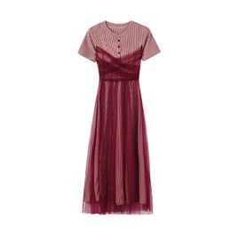 Red O Neck Short Sleeve Midi Dress Empire Summer Elegant Wrap Mesh D1742 210514