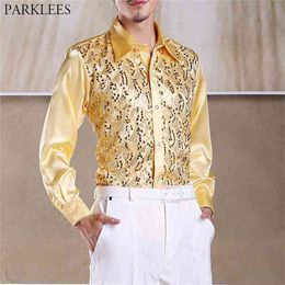 Shiny Gold Sequin Glitter Long Sleeve Shirt Men Fashion Nightclub Party Stage Disco Chorus Shirt for Men Chemise Homme 210714