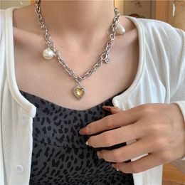 Chokers Titanium Steel Not Easy To Fade Love Gem Pearl Pendant Necklace Simple Hip Hop Spice Sweet Cool Clavicle Chain