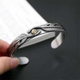 Viking Style 316l Stainless Steel Mens Punk Animal Eagle Double Feather Open Cuff Bangles Gothic Animal Bracelet Men for Boys Q0719