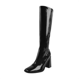 Square Toe Knee High Boots Black PU Patent Leather Chunky High Heels Long Boot For Women Side Zipper Concise
