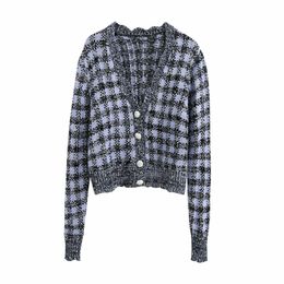 Vintage Woman Loose Dark Blue Plaid Knitted Cardigan Autumn Fashion Ladies Soft Knitwear Female Casual Oversized Sweaters 210515