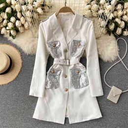 Sequins Blazer Dress Women Elegant Notched Collar Long Sleeve Single Breasted Short Spring Autumn Suit 210603