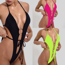 Female Sexy Swim Wear 2021 Summer Swimwear Halter Push Up Thong Bandage One Piece Swimsuit String Beach Bathing Suit for Women