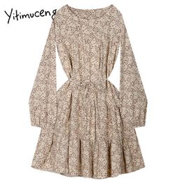 Yitimuceng Vintage Print Mini Woman Dresses Spring A-Line High Waist Long Sleeve French Fashion Clothing Office Lady 210601
