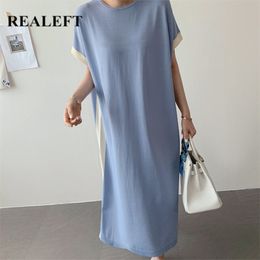 Women Summer Casual Long Dresses Knitting Short Sleeve O-Neck High Waist Simple Loose for Ladies 210428