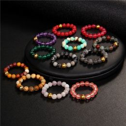 4mm Stone Beads Elastic Band Ring Healing Crystal Quartz Chakra Pink red green index finger Rings for women men MKI