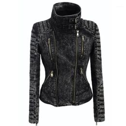 Women's Jackets Rosetic Women Motorcycle Denim Jacket Turtleneck Fall Winter Vintage Grey Black PU Leather Large Sizes 2XL Fashion Coat