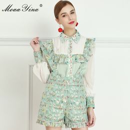 Fashion Set Spring Women's Long sleeve Ruffles Blouses Tops+Beaded Jacquard shorts Youth Beautiful Two-piece set 210524