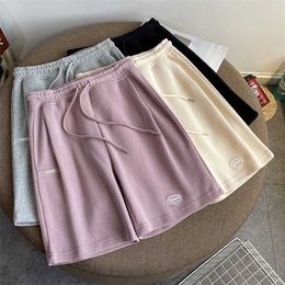 Summer High Waist Wide Leg Short Pants Women purple Knee Length Drawstring Korean thin cotton Casual loose Jogger Trousers 211115