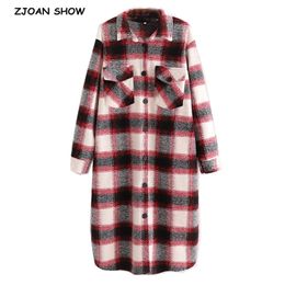 Winter Gingham Cheque Plaid Coat Oversize Style Women Front Pockets Loose Long Lapel Woollen Jacket 210429