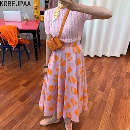 Women Sets Summer Korean Chic Age-reducing Linen Pattern Slim-Fit Sweater High-Waist Milk Box Print A-Line Skirt 210514