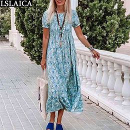 Summer Dress for Women Short Sleeve Floral Print Casual Midi Bohemian Fashion Beach Holiday Streetwear Chic Female 210515