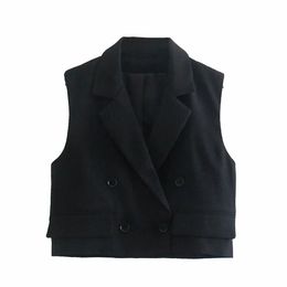 BBWM Elegant Commute Women Fashion Black Double Breasted Vest Short Coat Vintage Sleeveless Outerwear Female Chic Top 210520