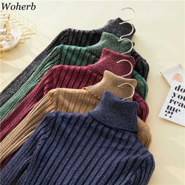 Woherb Korean Turtleneck Glitter Knitted Pullovers Stretch Slim Basic Sweater 2021 Autumn Winter Casual All Match Pull Femme X0721