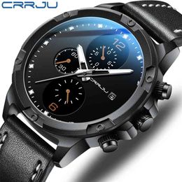 Top Luxury Brand CRRJU Mens Watches Casual Stylish Chronograph Genuine Leather Quartz Wristwatch with Date Display 210517