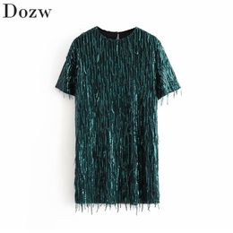 Fashion Women Sequins Short Sleeve Mini Dress Summer Patchwork O Neck Lady Party Dresses Black Green Colour Sundresses Ropa Mujer 210515