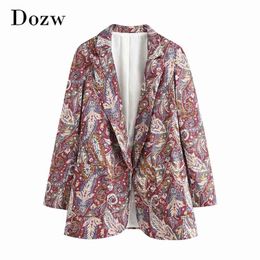 Vintage Long Sleeve Printed Blazer Women Office Wear Pockets Outwear Top Notched Collar Fashion Jacket Coats 210515