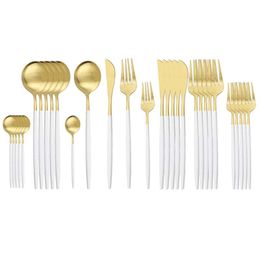 30Pcs White Gold Cutlery Set Matte Knife Spoon Fork Tableware Stainless Steel Dinnerware Kitchen Flatware Black 210928