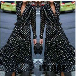 Women Dress Korean Black Vintage Office Ladies Polka Dot Print Autumn Spring Floral Long Sleeve Female Deep V-Neck Clothing 210522