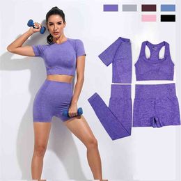 Seamless Women Vital Yoga Set Workout Shirts Sport Pants Bra Gym Clothing Short Crop Top High Waist Running Leggings Sports 210802