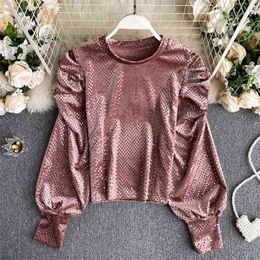 Women's Autumn Winter Blouse Polka Dot Bottoming Shirts Puff Sleeve Korean-Style Retro Blusa Velvet Female Tops PL516 210506