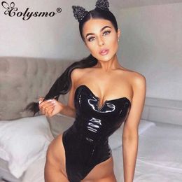 Colysmo PU Leather Sexy Bodysuit Women Black Backless Solid Bodysuits Low Cut Club Clothes Ladies Jumpsuit Body Mujer 210527