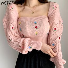 MATAKAWA Floral Embroidery Sweater Summer Sweet Sexy Off-shoulder Knitted Cardigan Coat + Tube Top Vest Two-piece Women 210513
