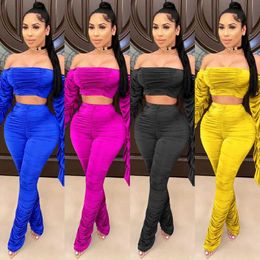 CM.YAYA Sexy Stacked Women's Set Off Shoulder Flare Sleeve Crop Tops Ruched Pants Suit Tracksuit Two Piece Set Outfit 8 colors Y0625