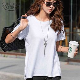 fashion short sleeve summer tops Side split O-neck Women T shirt loose Plus Size t- women solid white t 2755 50 210506